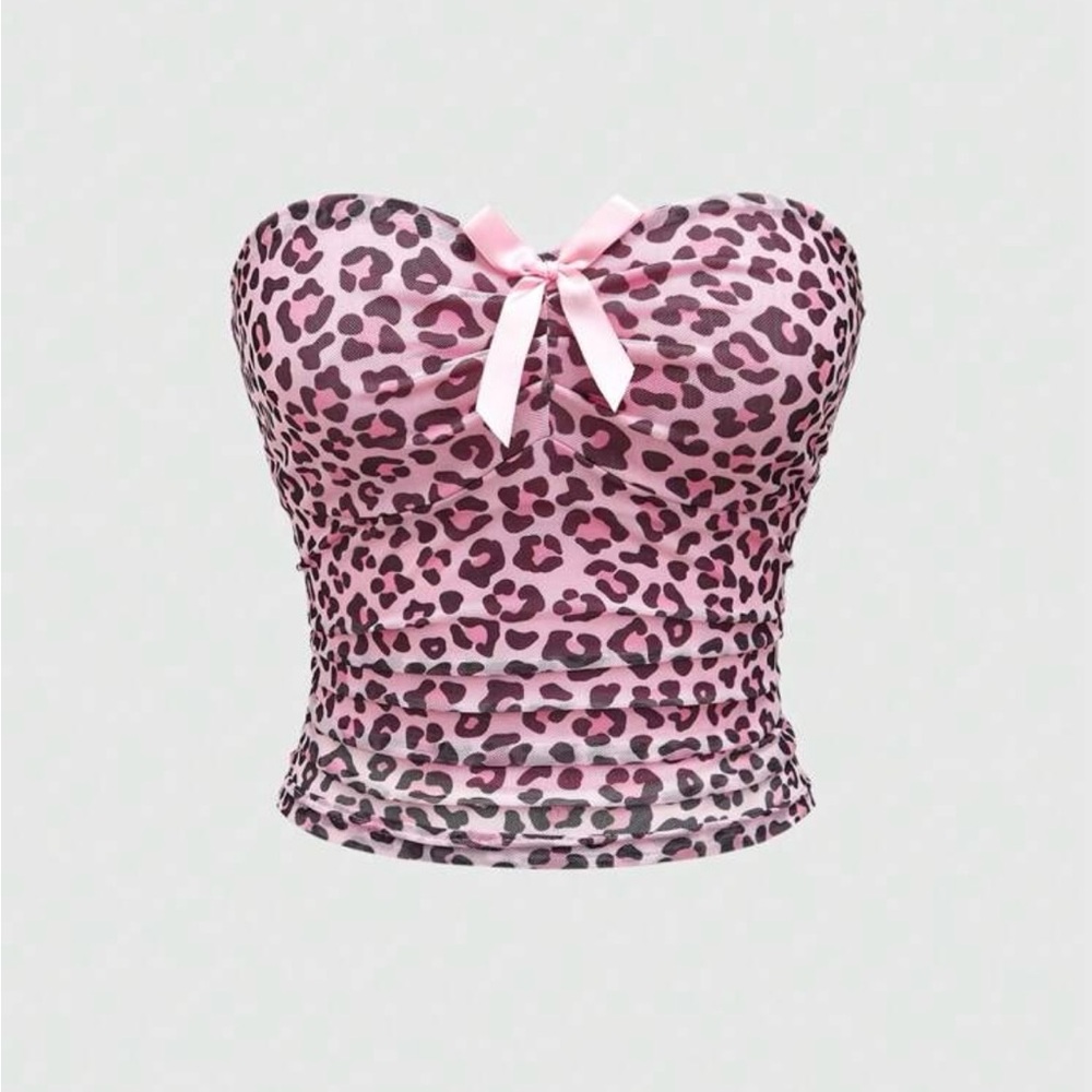 Leopard
Print Mesh Strapless Tube Top With Bow Decoration